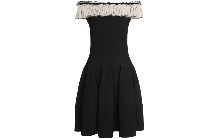 Order (W) Alexander McQueen Gaun Knit Tanpa Lengan Hitam Off-Shoulder Ruffle 667751-Q1AU2-1009