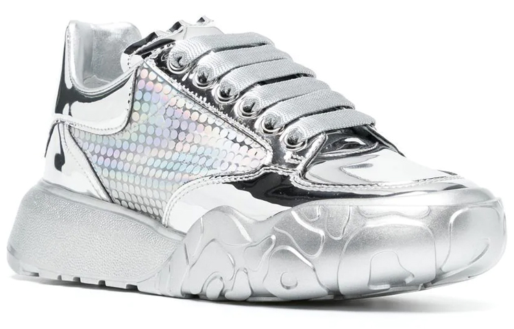 Order 亞歷山大·麥昆 皮革 低幫綁帶圓頭舒適 運動休閒鞋 女款 銀色