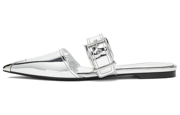 (Women) Alexander McQueen Patent Leather Buckle Pointed Toe Slide 'Silver' 744490W4WG18100