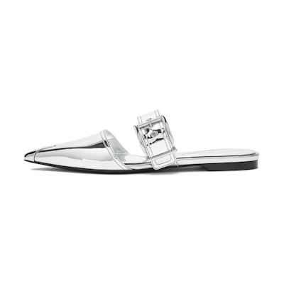 (W) Alexander McQueen Patent Leather Buckle Pointed Toe Slide 'Silver'