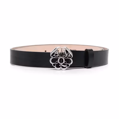 (Women) Alexander McQueen Pattern Logo Black Leather Belt 3.5CM Wide. 7095701BRCC