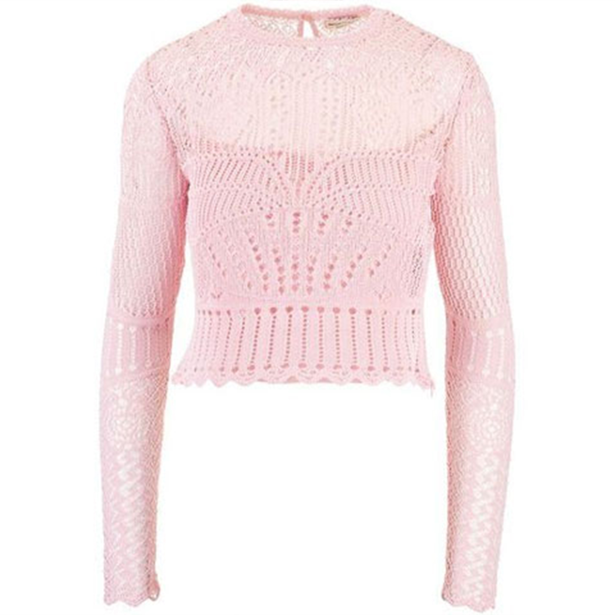 (Women) Alexander McQueen Pink Solid Mesh Knit Long-Sleeve Crewneck T-Shirt 650278-Q1ASD-5059