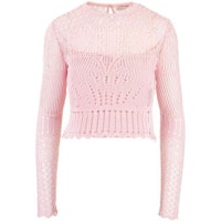 (Women) Alexander McQueen Pink Solid Mesh Knit Long-Sleeve Crewneck T-Shirt 650278-Q1ASD-5059 (Women) Alexander McQueen Pink Solid Mesh Knit Long-Sleeve Crewneck T-Shirt 650278-Q1ASD-5059