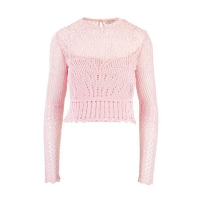 (Women) Alexander McQueen Pink Solid Mesh Knit Long-Sleeve Crewneck T-Shirt 650278-Q1ASD-5059