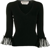 (Women) Alexander McQueen Pleated Cuff Long Sleeve Knit Top Women’s Black 610766-Q1AM6-1000 (Women) Alexander McQueen Pleated Cuff Long Sleeve Knit Top Women’s Black 610766-Q1AM6-1000