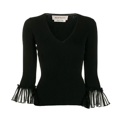 (Women) Alexander McQueen Pleated Cuff Long Sleeve Knit Top Women’s Black 610766-Q1AM6-1000