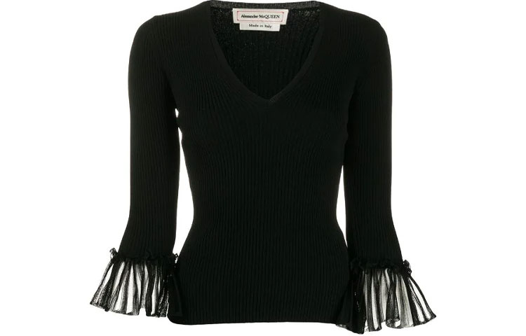 Order (W) Alexander McQueen Baju Hitam Knit Lengan Panjang Wanita dengan Lipatan Manset 610766-Q1AM6-1000
