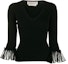 Order (W) Alexander McQueen Baju Hitam Knit Lengan Panjang Wanita dengan Lipatan Manset 610766-Q1AM6-1000