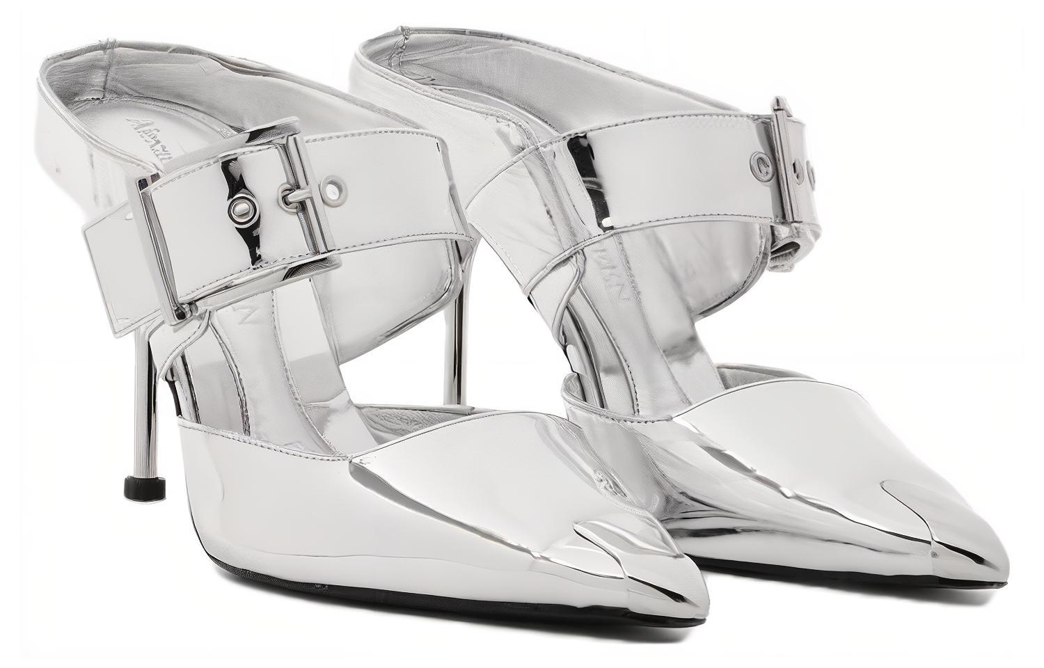 Shop (Women) Alexander McQueen Punk Metallic Mules 'Silver' 780791W4WG18100