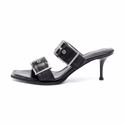 (W) Alexander McQueen Double Buckle Punk 3 In Mules Silver 'Black'