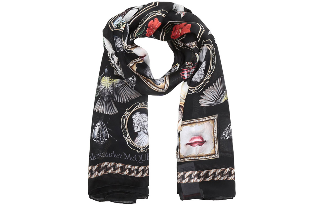 (Women) Alexander McQueen Silk Scarf Black/Beige Multicolor Print 568693-3011Q-1079
