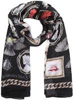 (Women) Alexander McQueen Silk Scarf Black/Beige Multicolor Print 568693-3011Q-1079 (Women) Alexander McQueen Silk Scarf Black/Beige Multicolor Print 568693-3011Q-1079