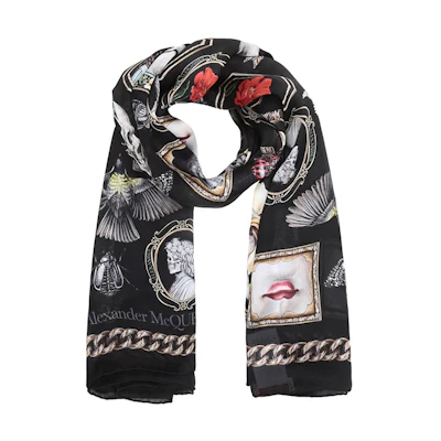 (Women) Alexander McQueen Silk Scarf Black/Beige Multicolor Print 568693-3011Q-1079