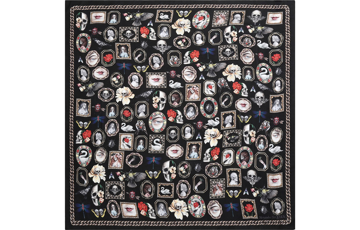 Lookbook (W) 亞歷山大·麥昆絲巾 黑米色多彩印花 568693-3011Q-1079