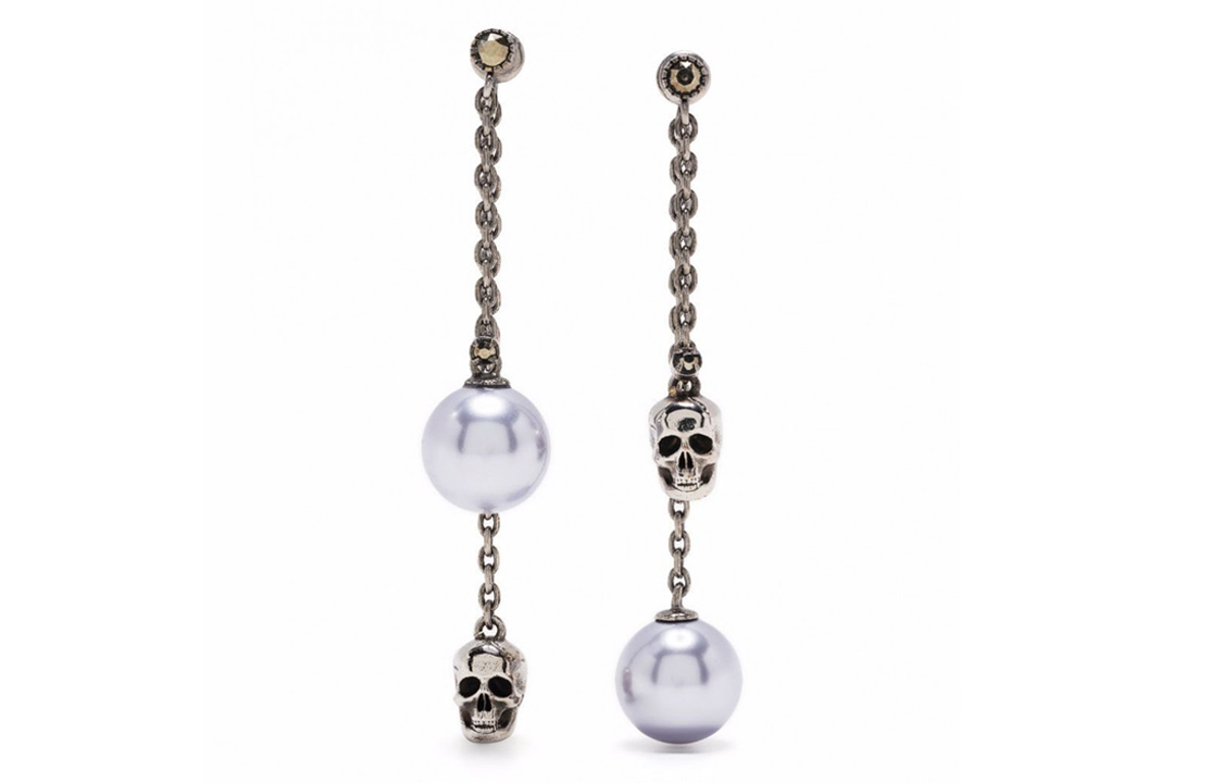 (Women) Alexander McQueen Silver Skull Drop Earrings with Mother-of-Pearl & Pearls 651156J160X4030
