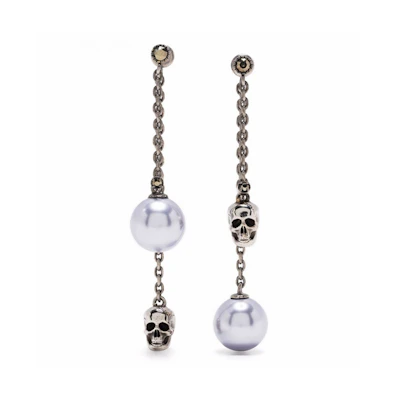 (Women) Alexander McQueen Silver Skull Drop Earrings with Mother-of-Pearl & Pearls 651156J160X4030