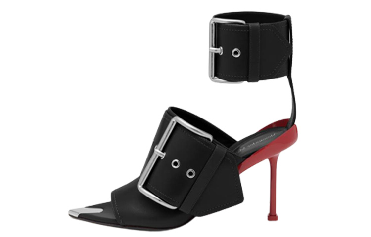 (Women) Alexander McQueen Slash 'Leather Pointed Peep Toe Buckle Sandal Black' 768109WIEA31695