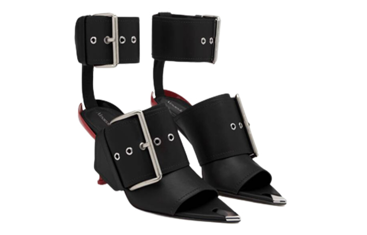 Order (W) Alexander McQueen Slash Sandale Noire à Bout Pointu en Cuir avec Boucle 768109WIEA31695