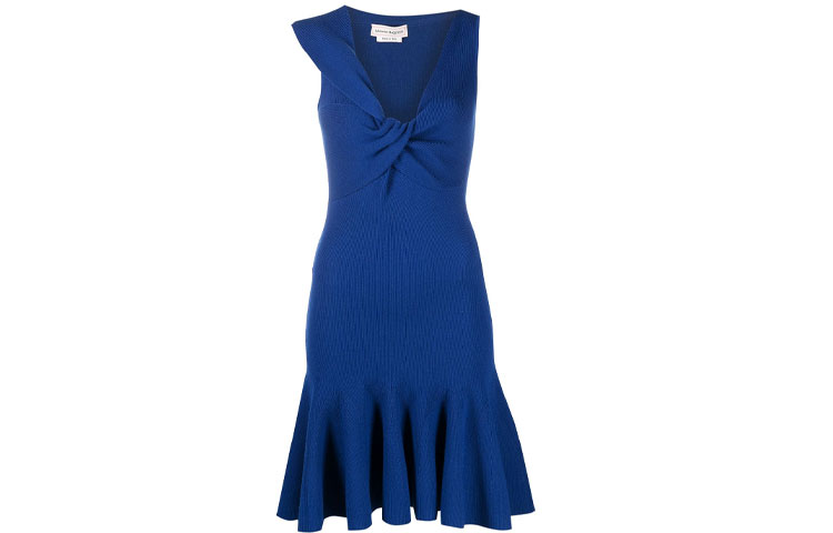 (Women) Alexander McQueen Sleeveless Blue Dress with Knot Detail and Asymmetric Neckline 650272-Q1ASA-4087