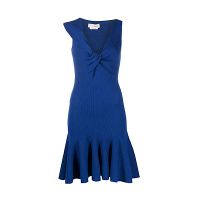 (Women) Alexander McQueen Sleeveless Blue Dress with Knot Detail and Asymmetric Neckline 650272-Q1ASA-4087