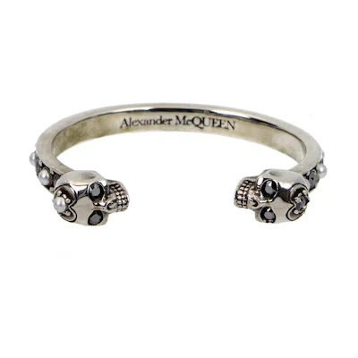 (Women) Alexander McQueen Slim Double Skull Brass Bangle Antique Silver 553653J160Y1328