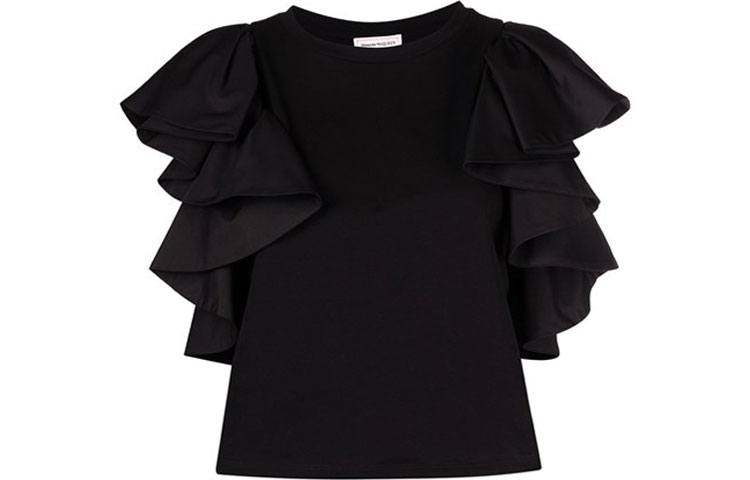 (Women) Alexander McQueen SS21 Black Knit T-Shirt with Ruffle Sleeves. 646792-QLAAA-1000