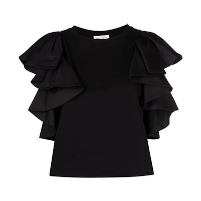 (Women) Alexander McQueen SS21 Black Knit T-Shirt with Ruffle Sleeves. 646792-QLAAA-1000