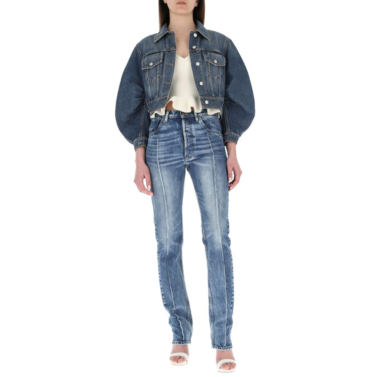 Shop (Women) Alexander McQueen SS21 Blue Denim Short Jacket with Multiple Pockets. 657828QMABC-4090