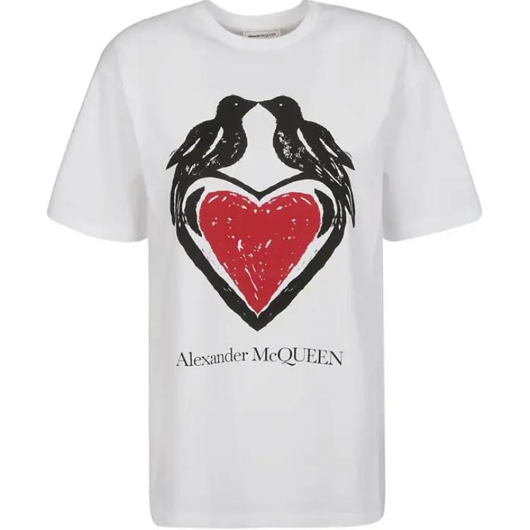 (Women) Alexander McQueen SS21 White Cotton Tee with Multicolor Heart Print Design 668439-QZADP-0909