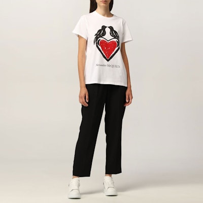 (Women) Alexander McQueen SS21 White Cotton Tee with Multicolor Heart Print Design 668439-QZADP-0909 Shop (Women) Alexander McQueen SS21 White Cotton Tee with Multicolor Heart Print Design 668439-QZADP-0909