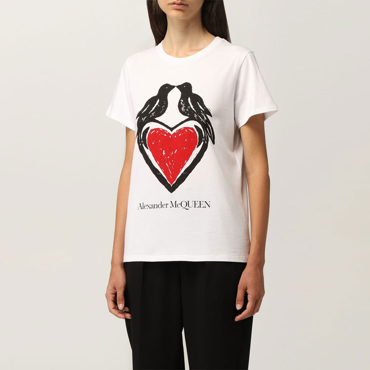 Purchase (Women) Alexander McQueen SS21 White Cotton Tee with Multicolor Heart Print Design 668439-QZADP-0909