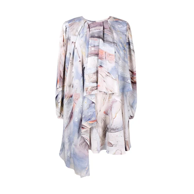 (Women) Alexander McQueen SS22 Pattern Print Draped Long Sleeve Dress Multicolor 686642-QCAEV-4122