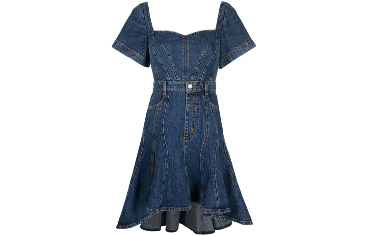 (Women) Alexander McQueen SS22 High-Low Hem Denim Short Sleeve Dress Blue 687406QMABP4118