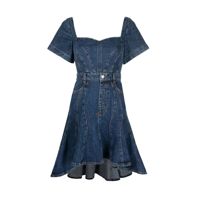 (Women) Alexander McQueen SS22 High-Low Hem Denim Short Sleeve Dress Blue 687406QMABP4118