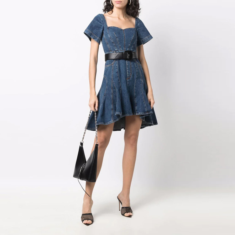 Lookbook (Women) Alexander McQueen SS22 High-Low Hem Denim Short Sleeve Dress Blue 687406QMABP4118