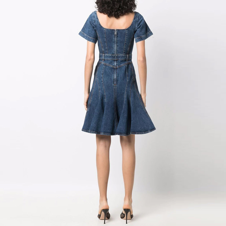 Shop (Women) Alexander McQueen SS22 High-Low Hem Denim Short Sleeve Dress Blue 687406QMABP4118