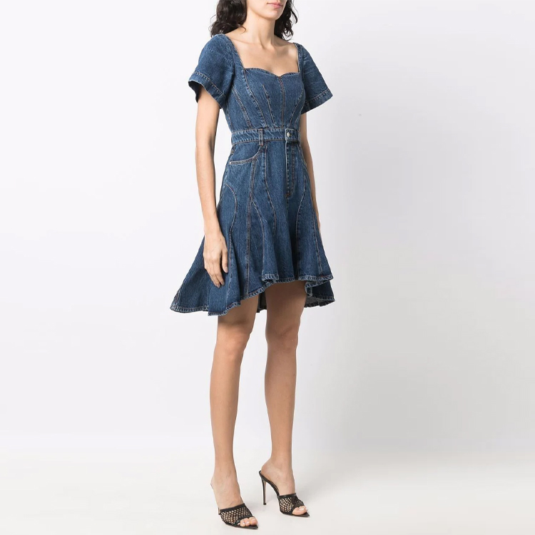 Purchase (Women) Alexander McQueen SS22 High-Low Hem Denim Short Sleeve Dress Blue 687406QMABP4118