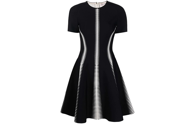Order (W) Alexander McQueen SS22 Jacquard A-Line Dress Lengan Pendek Wanita Hitam 688606-Q1AZB-1008