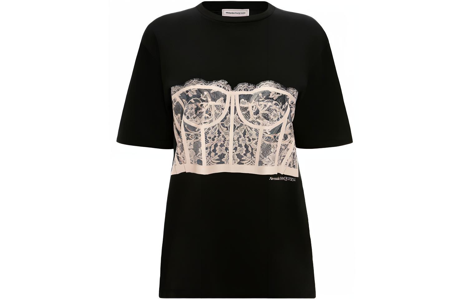 (Women) Alexander McQueen SS22 Lace Bustier Print Round Neck T-Shirt Women Black 689062-QZAFC-0541