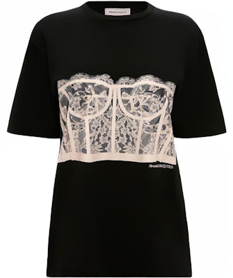 (W) Alexander McQueen SS22黑色蕾絲胸衣印花圓領短袖T恤 女款 689062-QZAFC-0541 Buy (W) Alexander McQueen SS22黑色蕾絲胸衣印花圓領短袖T恤 女款 689062-QZAFC-0541