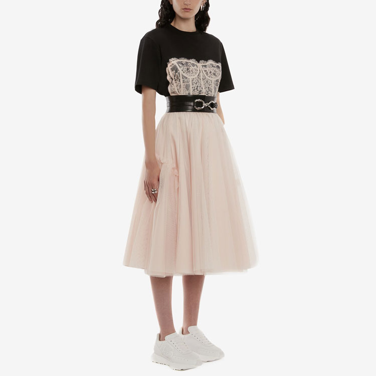 Purchase (W) Alexander McQueen SS22黑色蕾絲胸衣印花圓領短袖T恤 女款 689062-QZAFC-0541