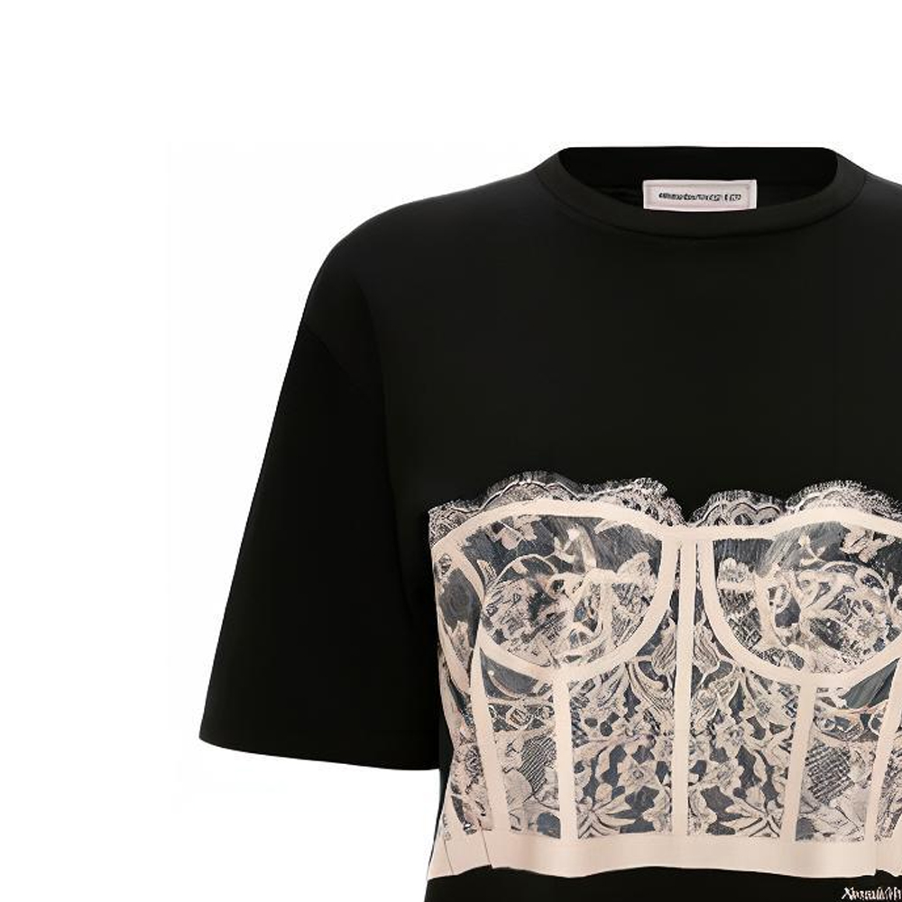 Details for (W) Alexander McQueen SS22黑色蕾絲胸衣印花圓領短袖T恤 女款 689062-QZAFC-0541