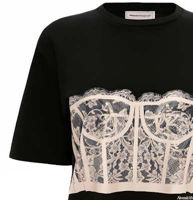 (W) Alexander McQueen SS22黑色蕾絲胸衣印花圓領短袖T恤 女款 689062-QZAFC-0541 Details for (W) Alexander McQueen SS22黑色蕾絲胸衣印花圓領短袖T恤 女款 689062-QZAFC-0541