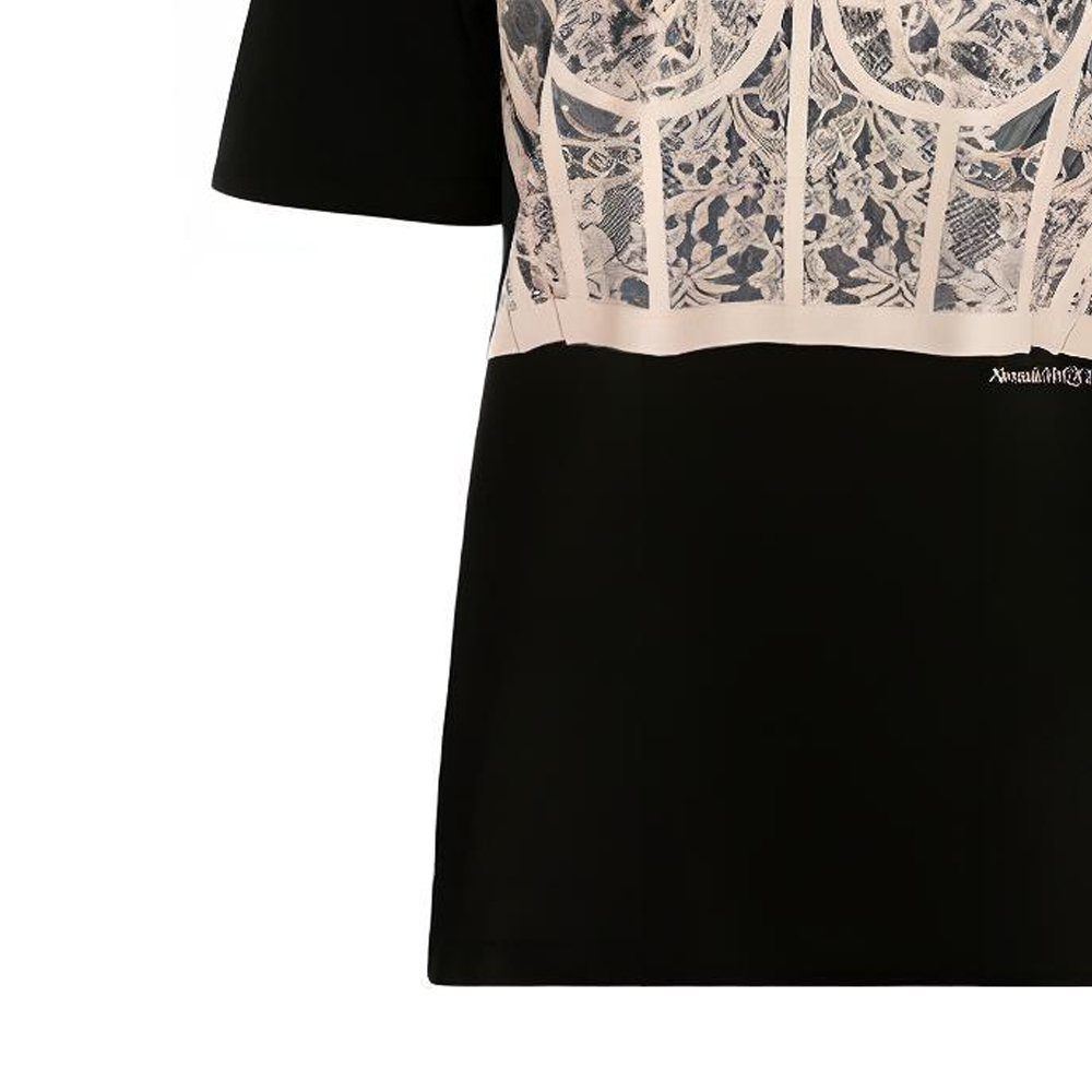 Sizing (W) Alexander McQueen SS22黑色蕾絲胸衣印花圓領短袖T恤 女款 689062-QZAFC-0541