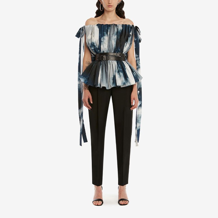 Lookbook (Women) Alexander McQueen SS22 Off-Shoulder Bow Sleeveless Shirt Blue Women. 696898-QDAES-4136