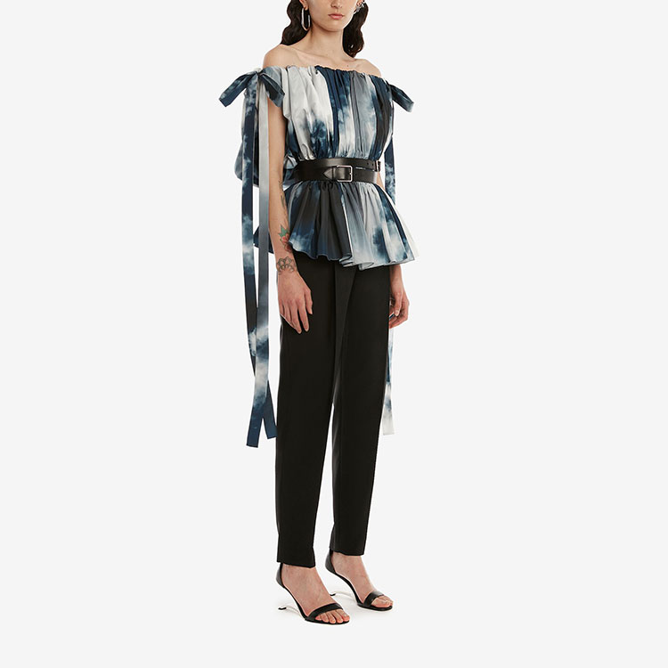 Shop (Women) Alexander McQueen SS22 Off-Shoulder Bow Sleeveless Shirt Blue Women. 696898-QDAES-4136