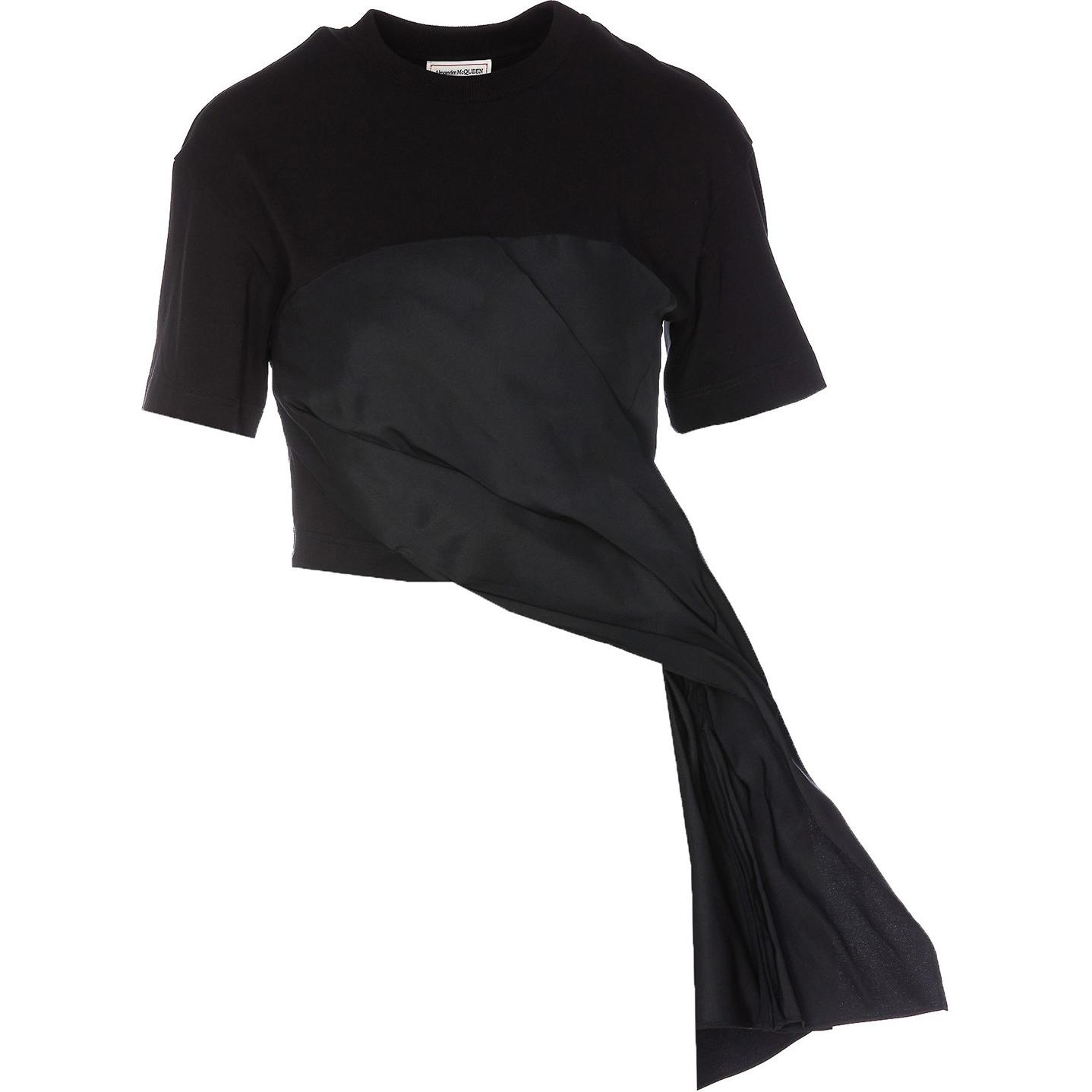 (Women) Alexander McQueen SS23  Black Draped Short Sleeve Solid T-Shirt 733976QLAA61000