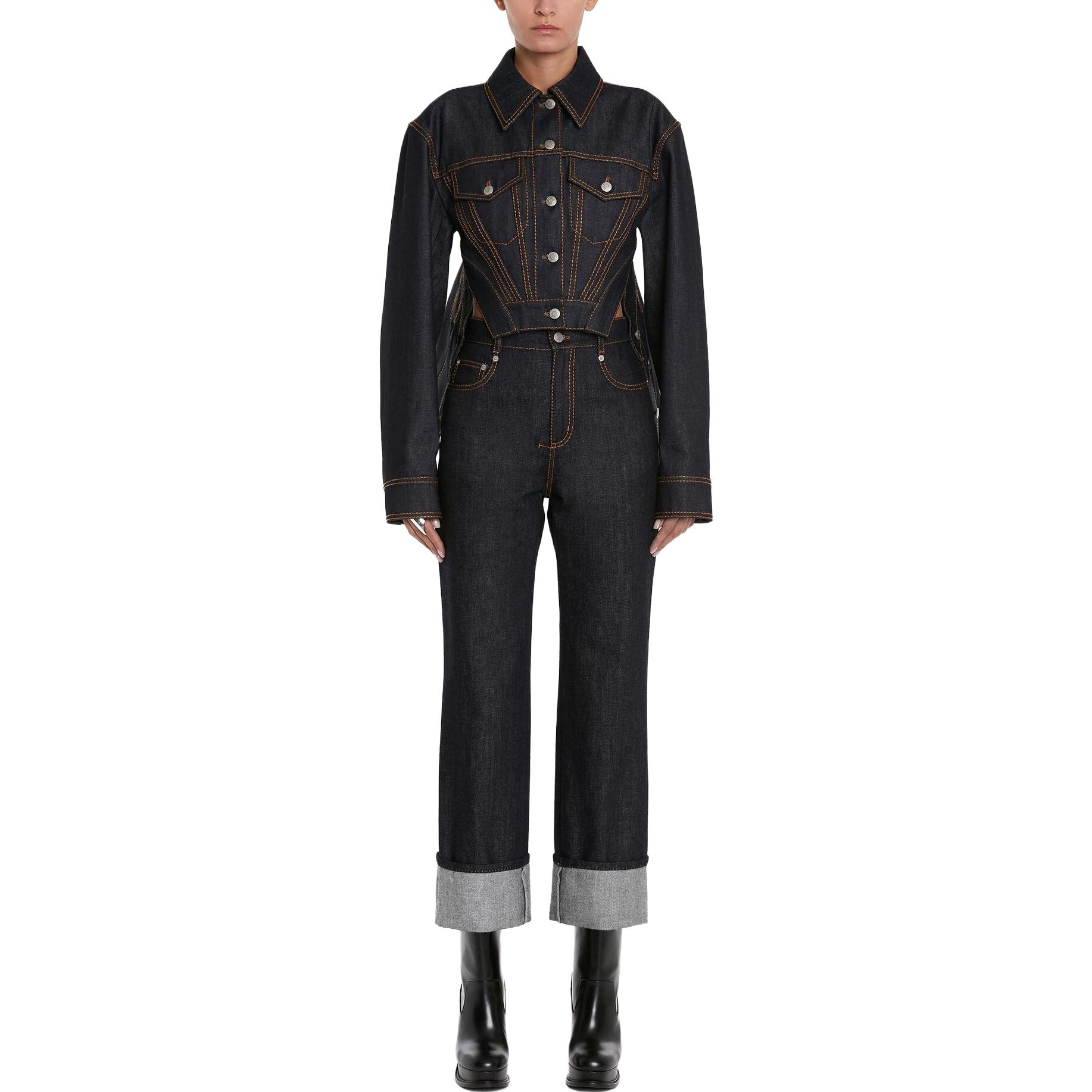 Lookbook (Women) Alexander McQueen SS23  Blue Asymmetric Hem Single-Breasted Denim Jacket. 744929-QMACD-4158