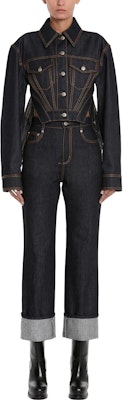 (Women) Alexander McQueen SS23 Blue Asymmetric Hem Single-Breasted Denim Jacket. 744929-QMACD-4158 Lookbook (Women) Alexander McQueen SS23 Blue Asymmetric Hem Single-Breasted Denim Jacket. 744929-QMACD-4158