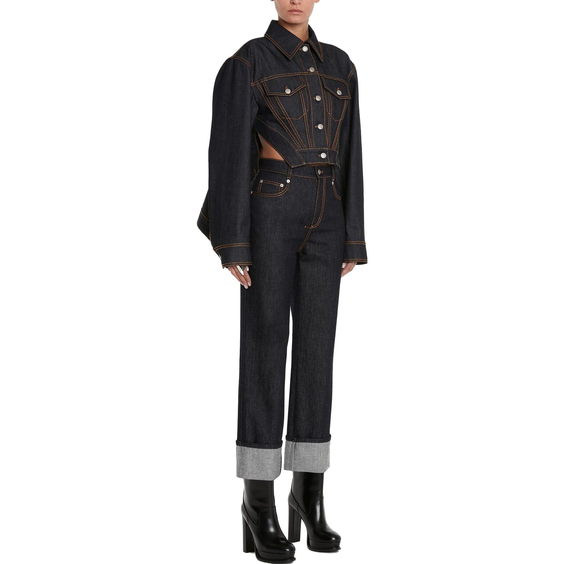 Purchase (Women) Alexander McQueen SS23  Blue Asymmetric Hem Single-Breasted Denim Jacket. 744929-QMACD-4158